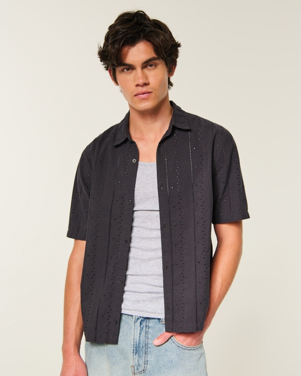 Boxy Short-Sleeve Eyelet Button-Through Shirt, Black view 1