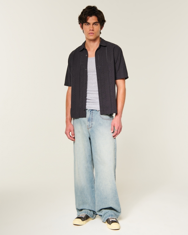 Boxy Short-Sleeve Eyelet Button-Through Shirt, Black view 2