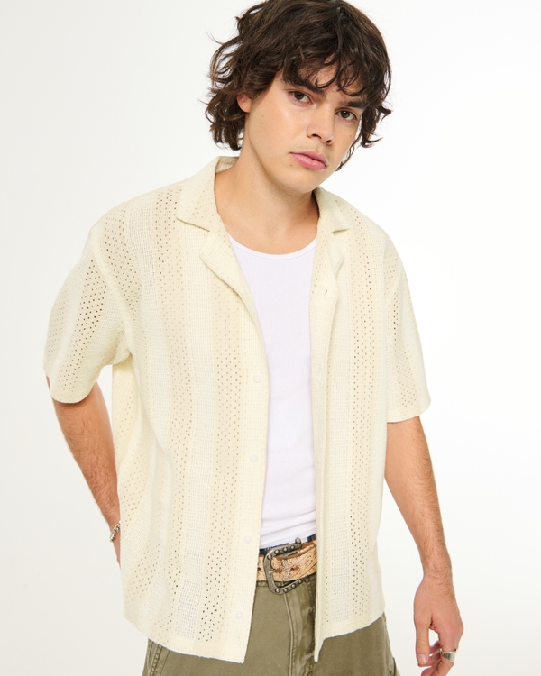 Boxy Short-Sleeve Crochet-Style Shirt, Cream Stripe view 1