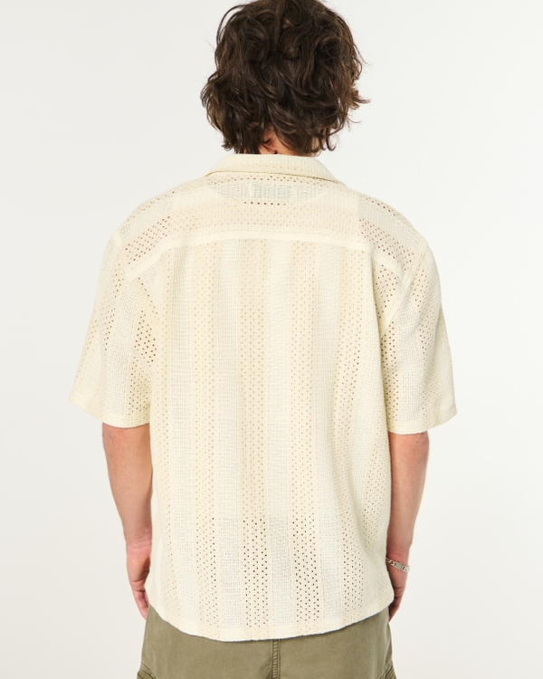 Boxy Short-Sleeve Crochet-Style Shirt, Cream Stripe view 2