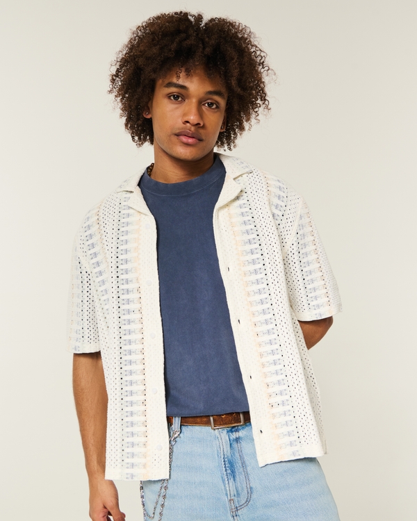 Boxy Short-Sleeve Crochet-Style Shirt, White view 1