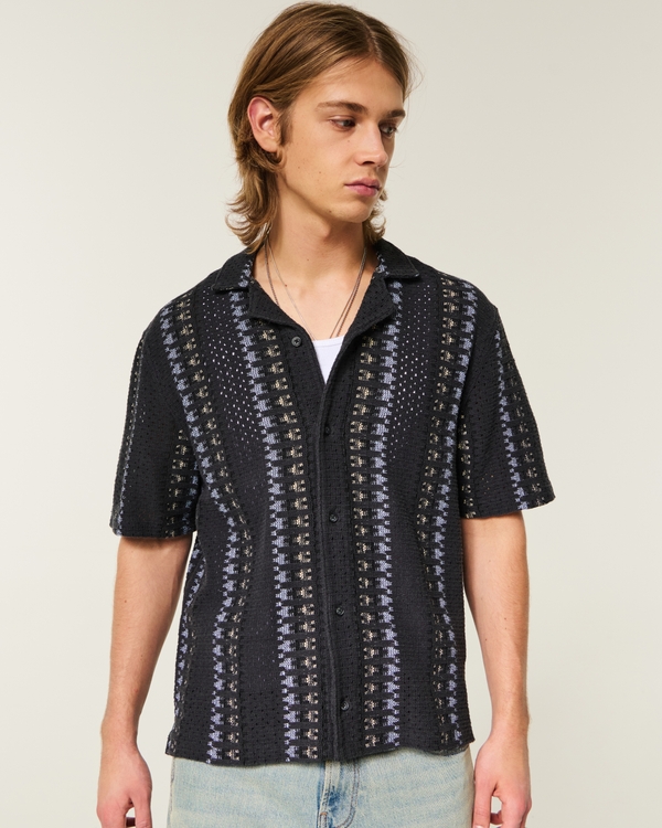 Boxy Short-Sleeve Crochet-Style Shirt, Black Stripe view 2