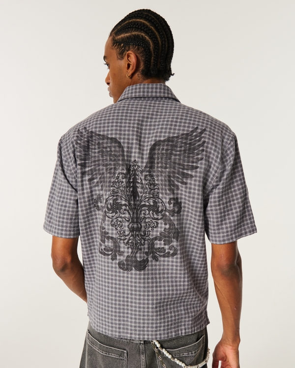 Boxy Short-Sleeve Graphic Check Shirt, Dark Gray Plaid view 2