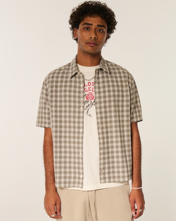 Boxy Short-Sleeve Check Shirt, Tan Plaid view 1