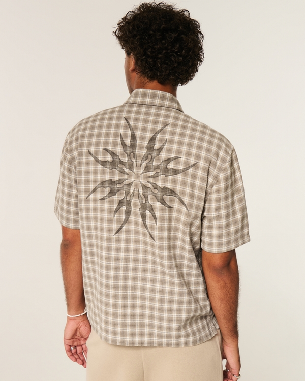 Boxy Short-Sleeve Check Shirt, Tan Plaid view 2