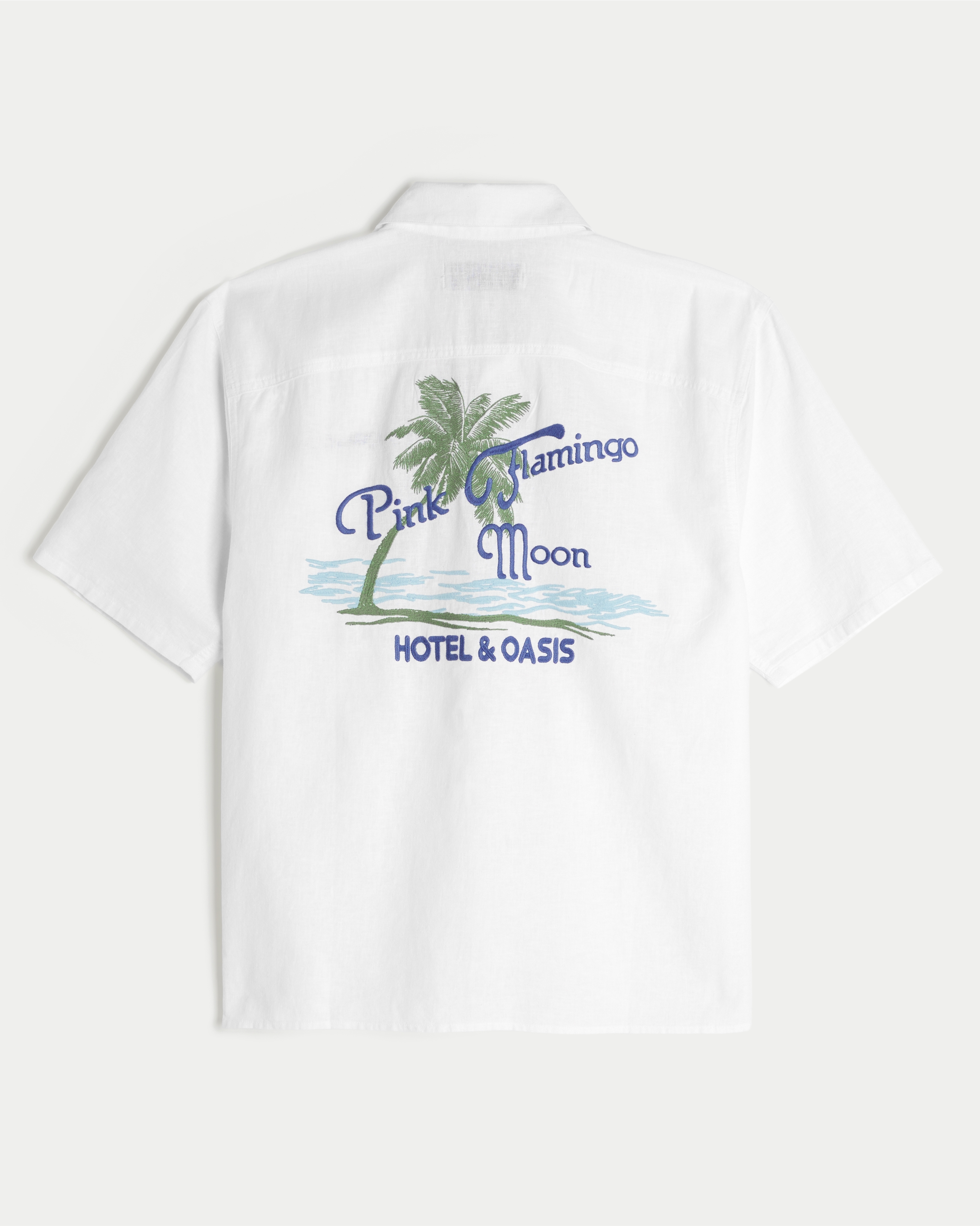 Boxy Short-Sleeve Linen-Blend Pink Flamingo Moon Graphic Shirt