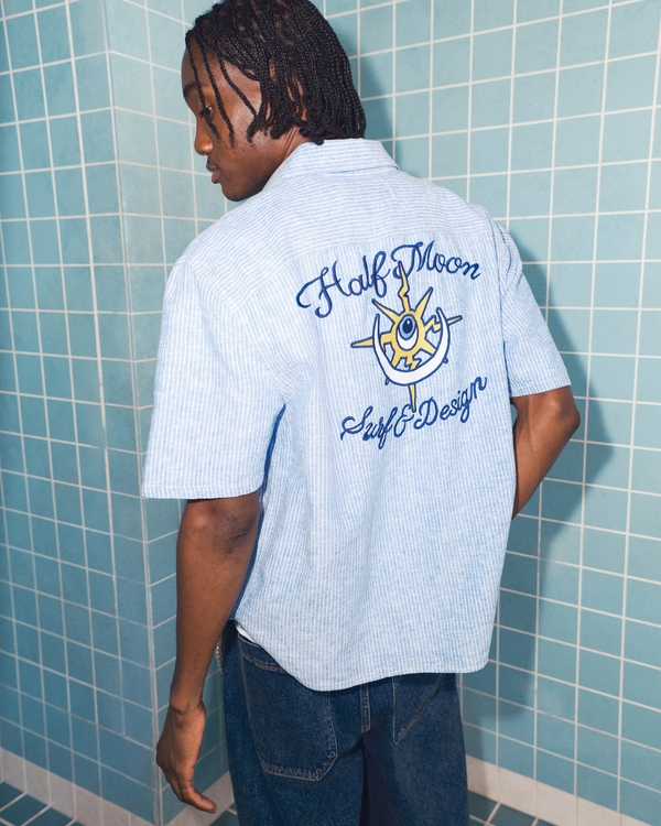 Boxy Short-Sleeve Linen-Blend Half Moon Graphic Shirt, Light Blue Stripe view 1