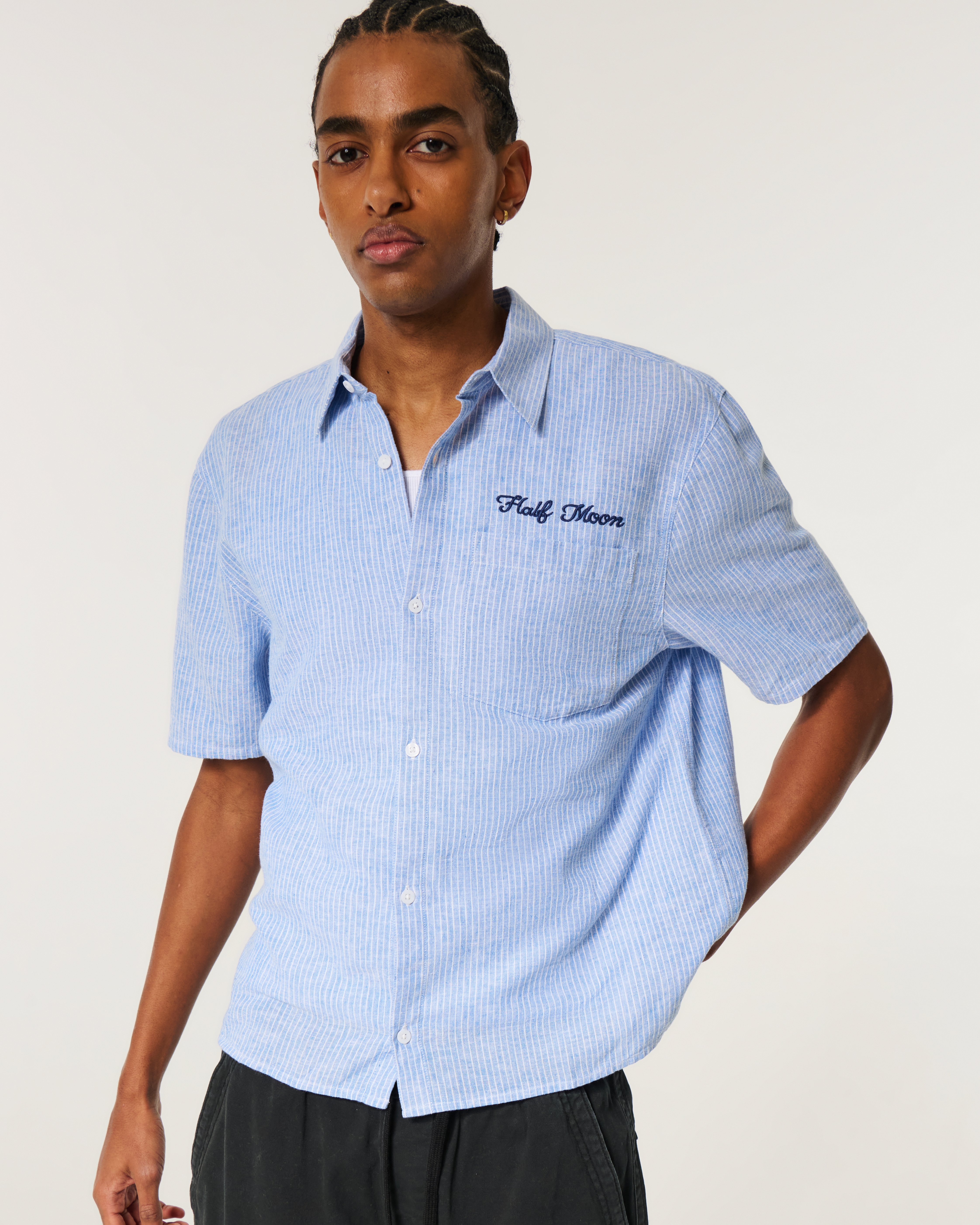 Boxy Short-Sleeve Linen-Blend Half Moon Graphic Shirt