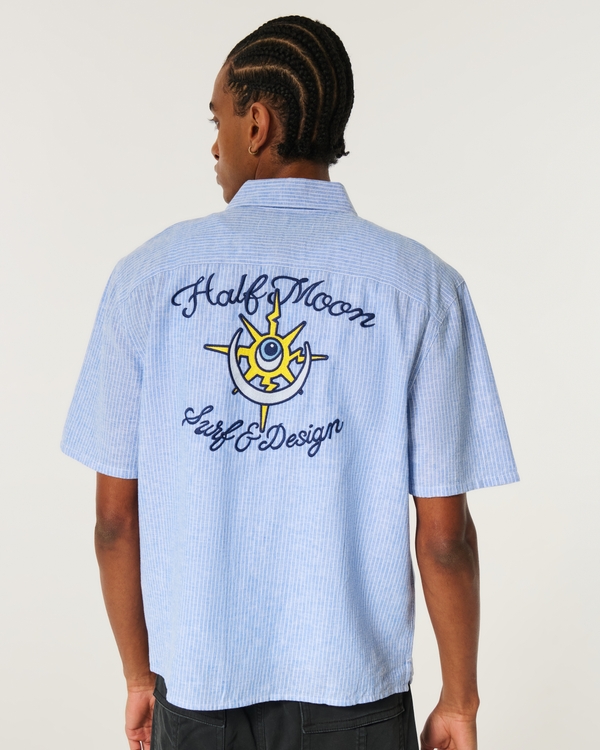 Boxy Short-Sleeve Linen-Blend Half Moon Graphic Shirt, Light Blue Stripe view 2