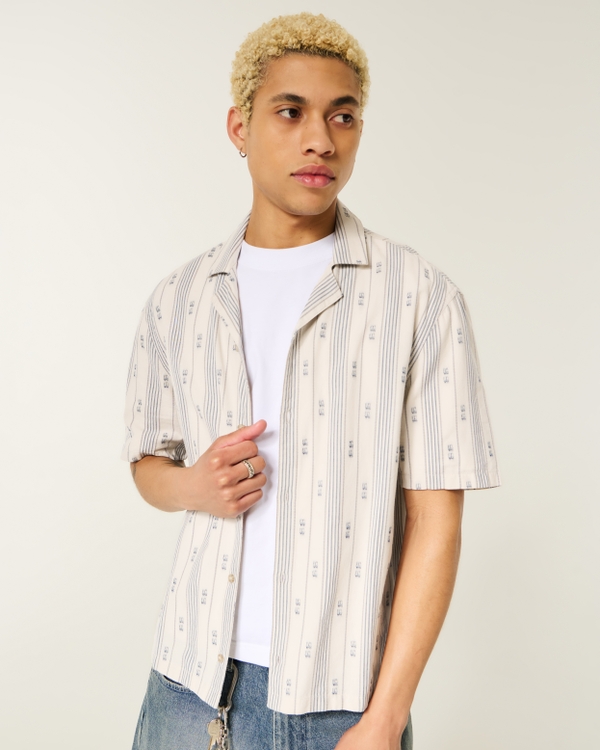 Boxy Cotton Textural Stripe Shirt, Light Taupe Stripe view 1