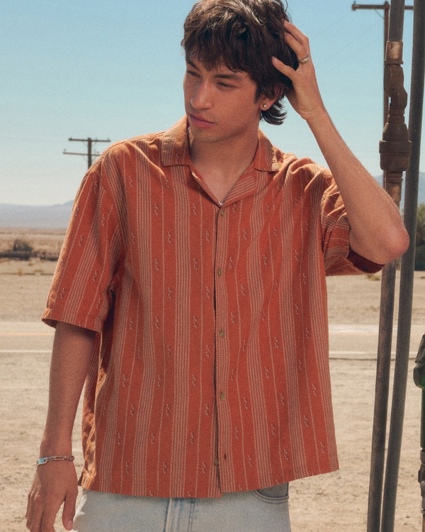 Boxy Cotton Textural Stripe Shirt, Dark Orange Stripe view 1