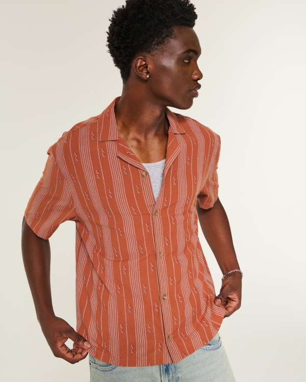 Boxy Cotton Textural Stripe Shirt, Dark Orange Stripe view 1