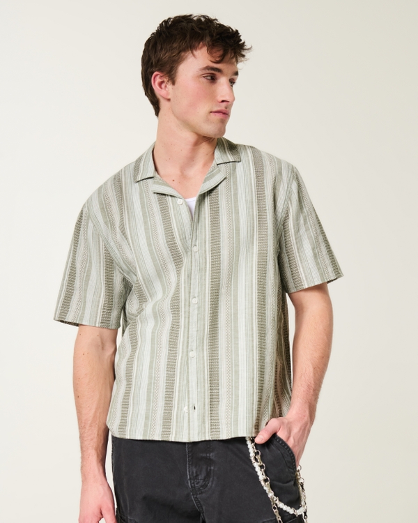 Boxy Short-Sleeve Textural Shirt, Olive Stripe view 1