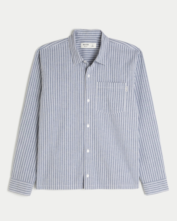 Boxy Poplin Button-Through Shirt, Navy Stripe view 1