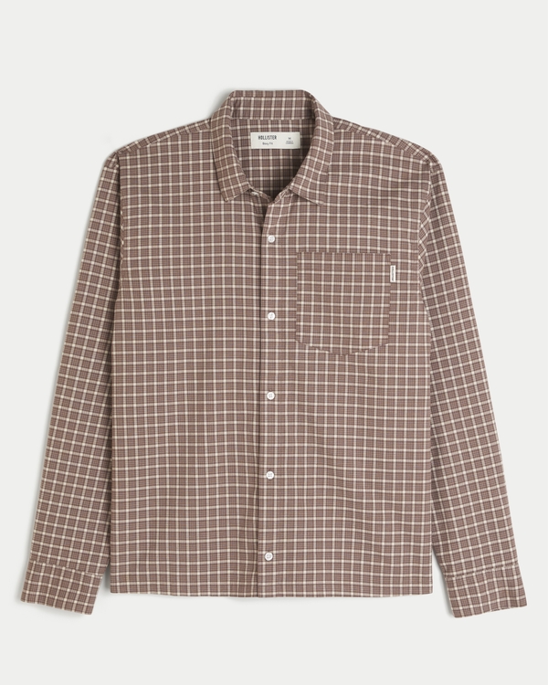 Boxy Poplin Button Front Shirt, Brown Plaid view 1