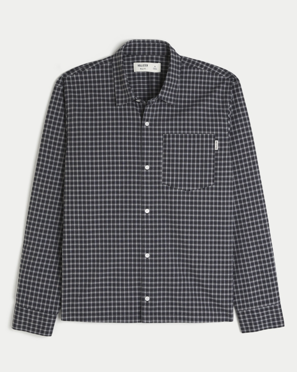 Boxy Poplin Button Front Shirt, Black Plaid view 1