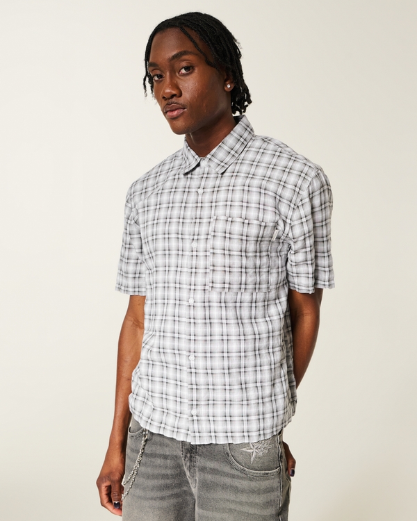 Boxy Short-Sleeve Seersucker Shirt, Light Grey Plaid view 1
