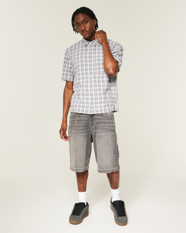 Boxy Short-Sleeve Seersucker Shirt, Light Grey Plaid view 2
