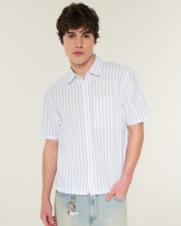 Boxy Short-Sleeve Seersucker Shirt, White Stripe view 1