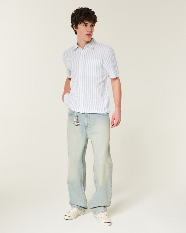 Boxy Short-Sleeve Seersucker Shirt, White Stripe view 2