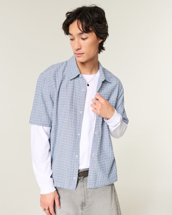 Boxy Short-Sleeve Seersucker Shirt, Navy Stripe view 1