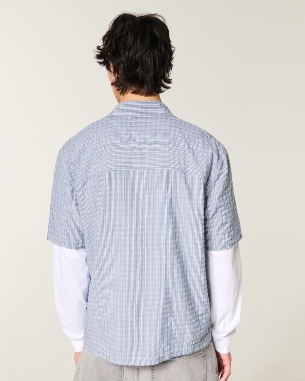 Boxy Short-Sleeve Seersucker Shirt, Navy Stripe view 2