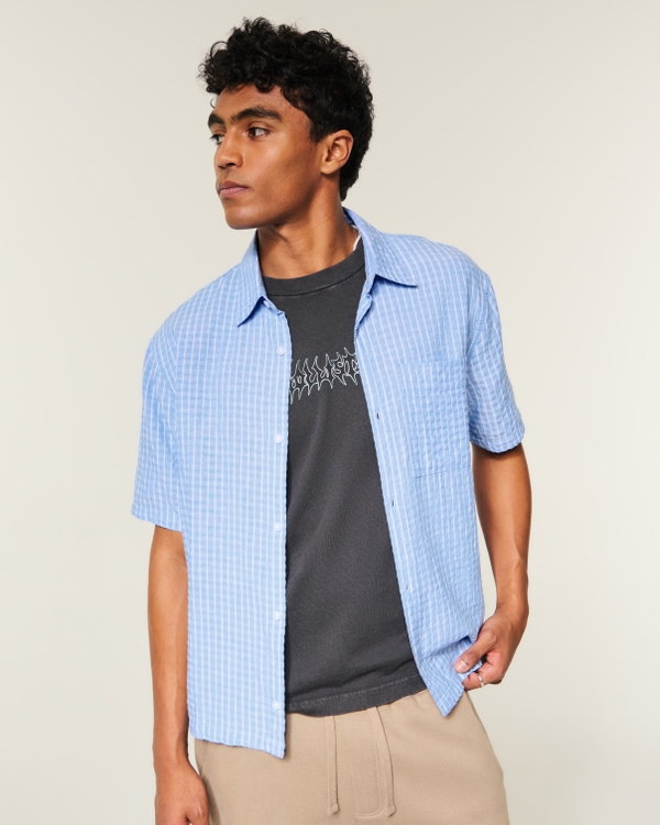 Boxy Short-Sleeve Seersucker Shirt, Blue Stripe view 1
