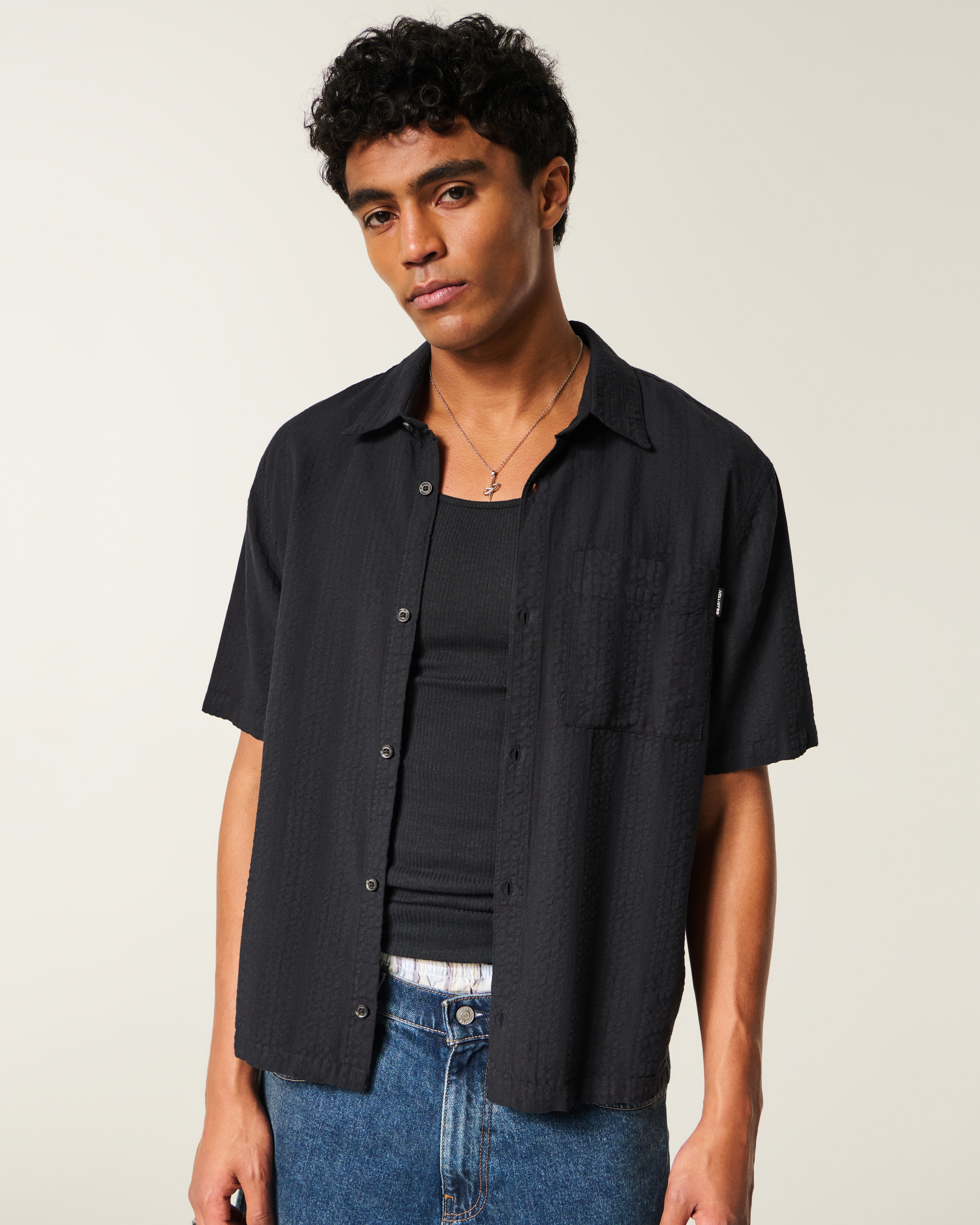 Boxy Short-Sleeve Seersucker Shirt