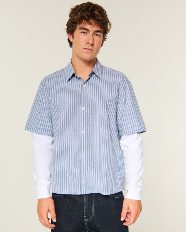 Boxy Layered 2-in-1 Button-Through Shirt, Blue Stripe view 1
