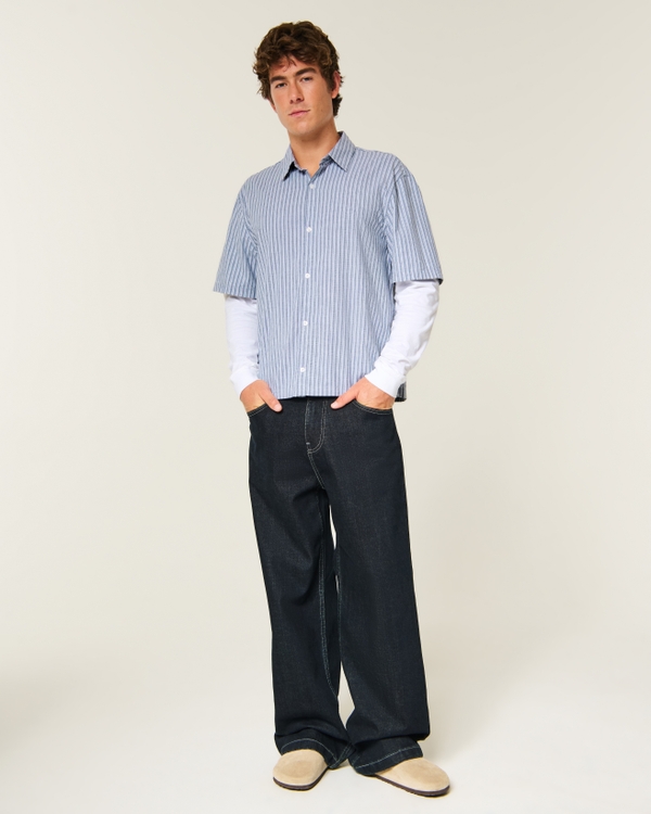 Boxy Layered 2-in-1 Button-Through Shirt, Blue Stripe view 2