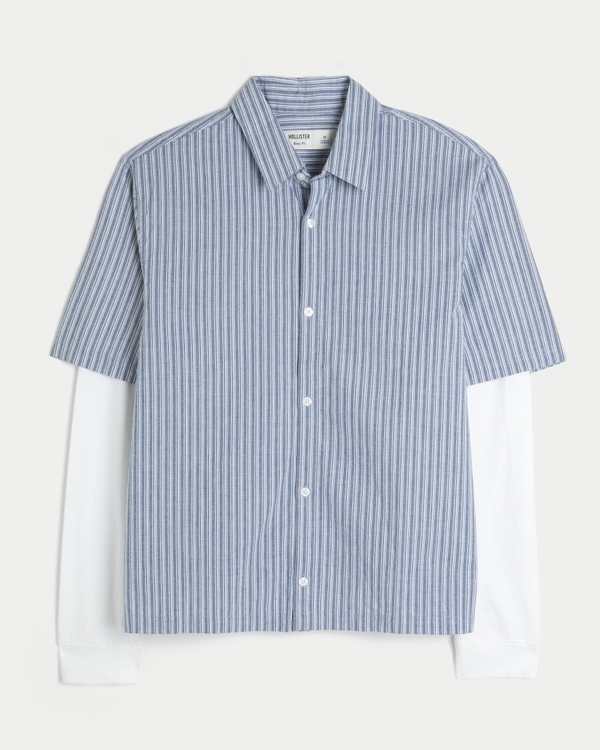 Boxy Layered 2-in-1 Button-Through Shirt, Blue Stripe view 1