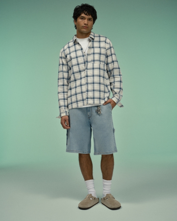 Boxy Poplin Button-Through Shirt, Cream Plaid view 1