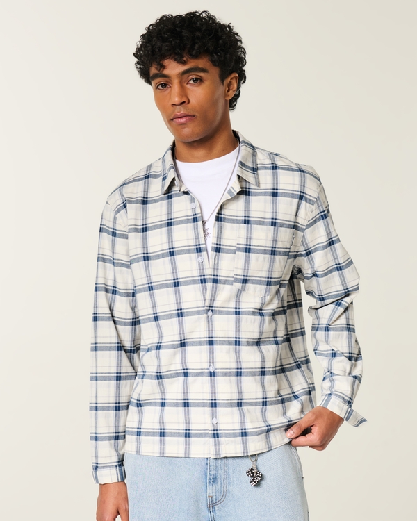 Boxy Poplin Button-Through Shirt, Cream Plaid view 2