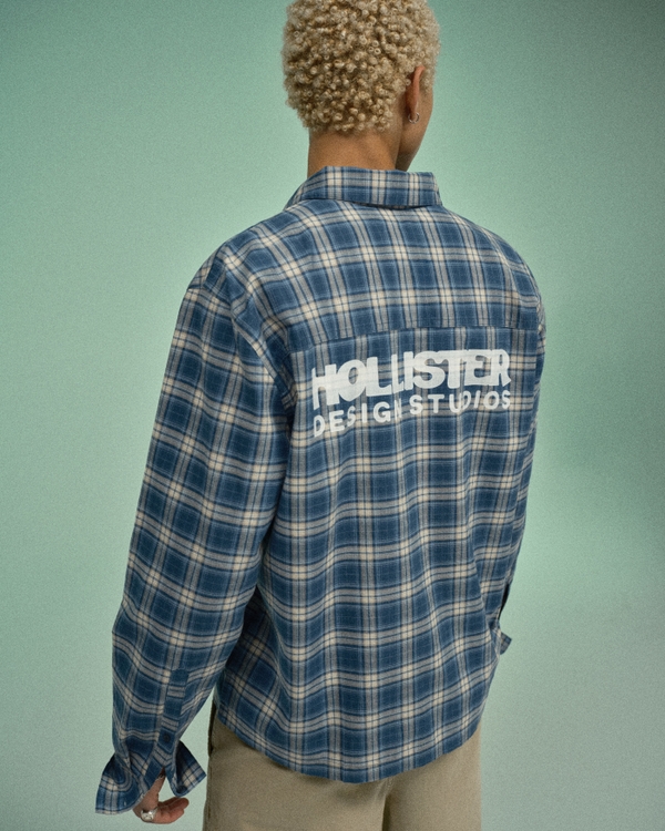 Boxy Poplin Button-Through Logo Graphic Shirt, Navy Plaid view 1