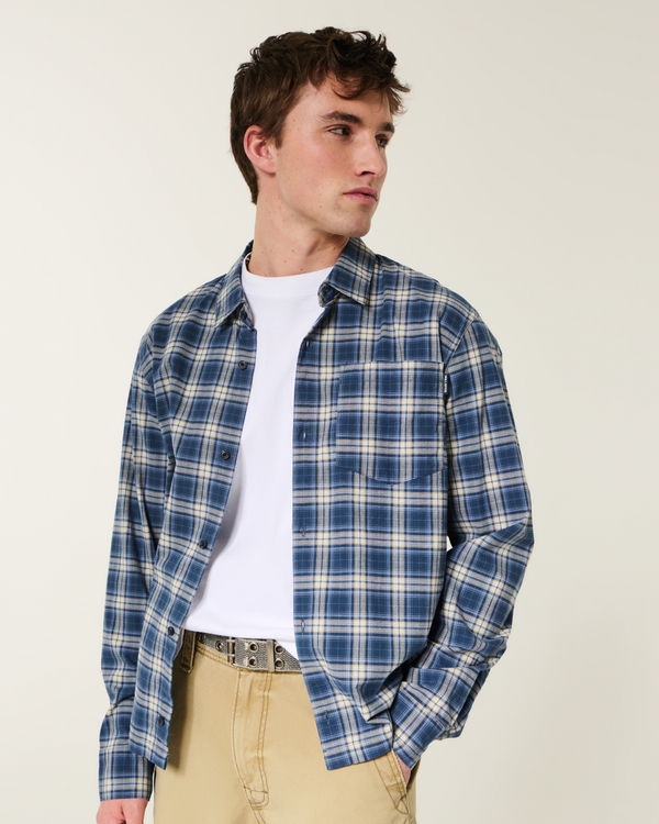 Boxy Poplin Button-Through Logo Graphic Shirt, Navy Plaid view 2