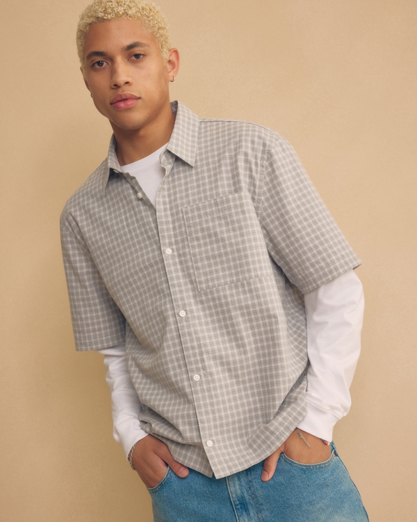 Boxy Button-Through Layered 2-in-1 Shirt, Gray Plaid view 1