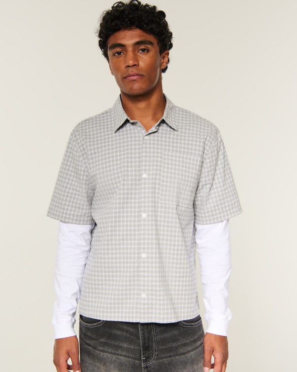 Boxy Button-Through Twofer Shirt, Gray Plaid view 1