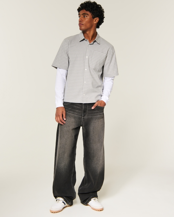 Boxy Button-Through Twofer Shirt, Gray Plaid view 2