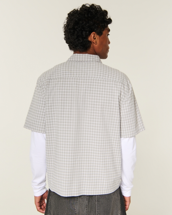 Boxy Button-Through Layered 2-in-1 Shirt, Gray Plaid view 2
