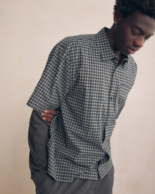 Boxy Button-Through Layered 2-in-1 Shirt, Black Plaid view 1