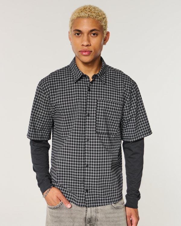 Boxy Button-Through Twofer Shirt, Black Plaid view 1