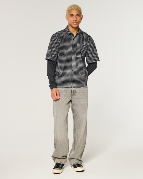 Boxy Button-Through Twofer Shirt, Black Plaid view 2