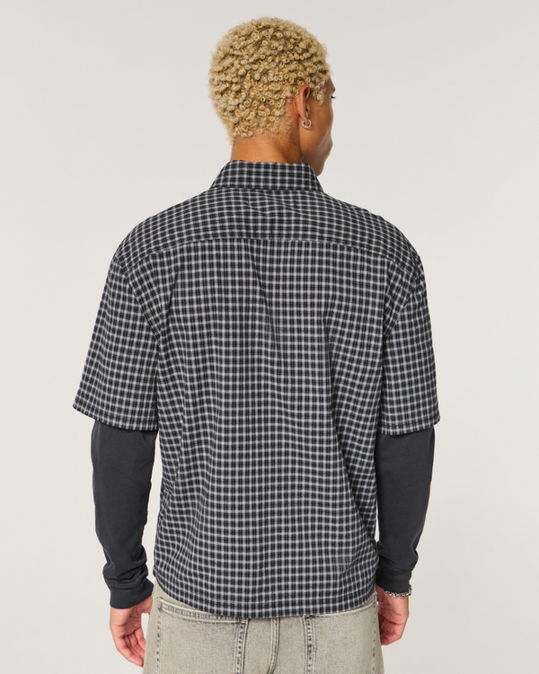 Boxy Button-Through Layered 2-in-1 Shirt, Black Plaid view 2