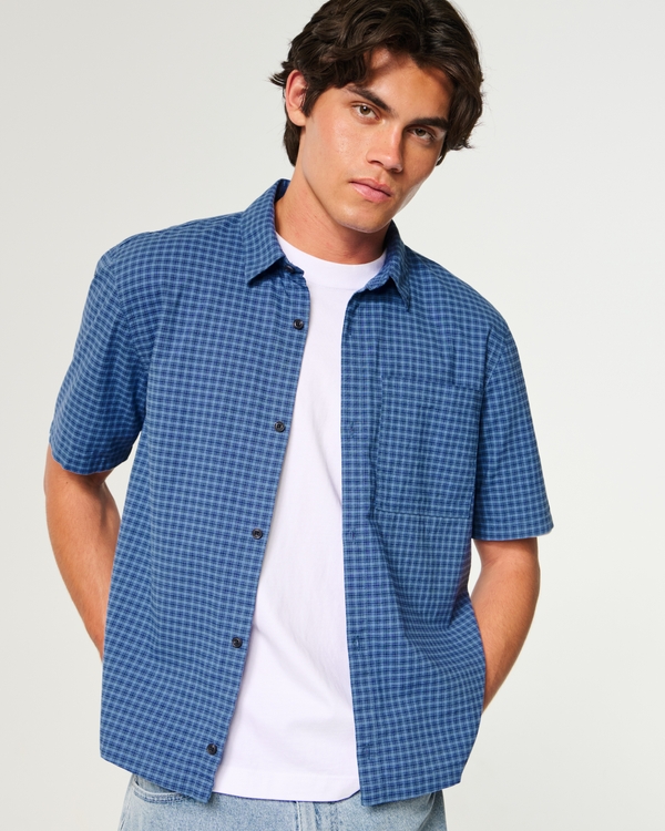 Boxy Short-Sleeve Shirt, Blue Plaid view 1