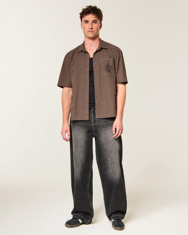 Boxy Short-Sleeve Graphic Shirt, Brown Plaid view 2
