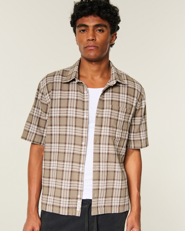 Boxy Short-Sleeve Shirt, Brown Plaid view 1