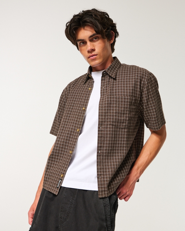 Boxy Short-Sleeve Shirt, Dark Brown Plaid view 1