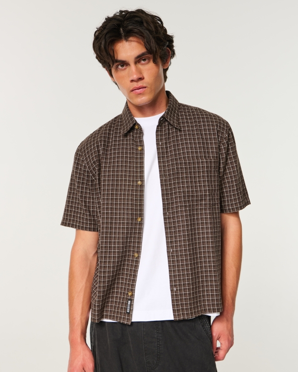 Boxy Short-Sleeve Shirt, Dark Brown Plaid view 2