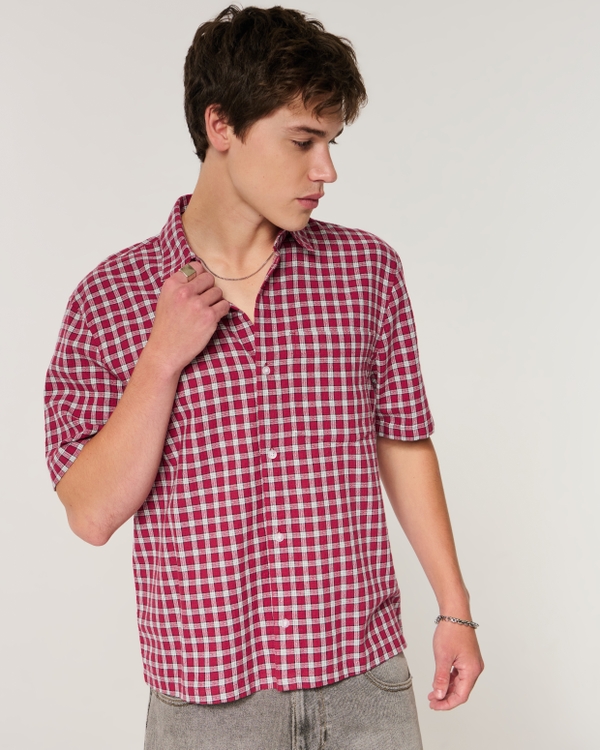 Boxy Short-Sleeve Shirt, Red Check view 1