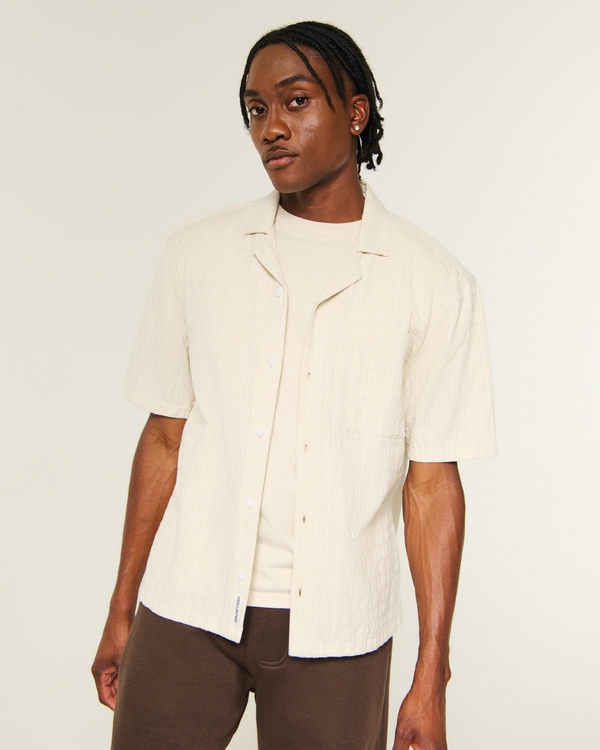 Boxy Short-Sleeve Textured Button-Through Shirt, Light Tan view 1